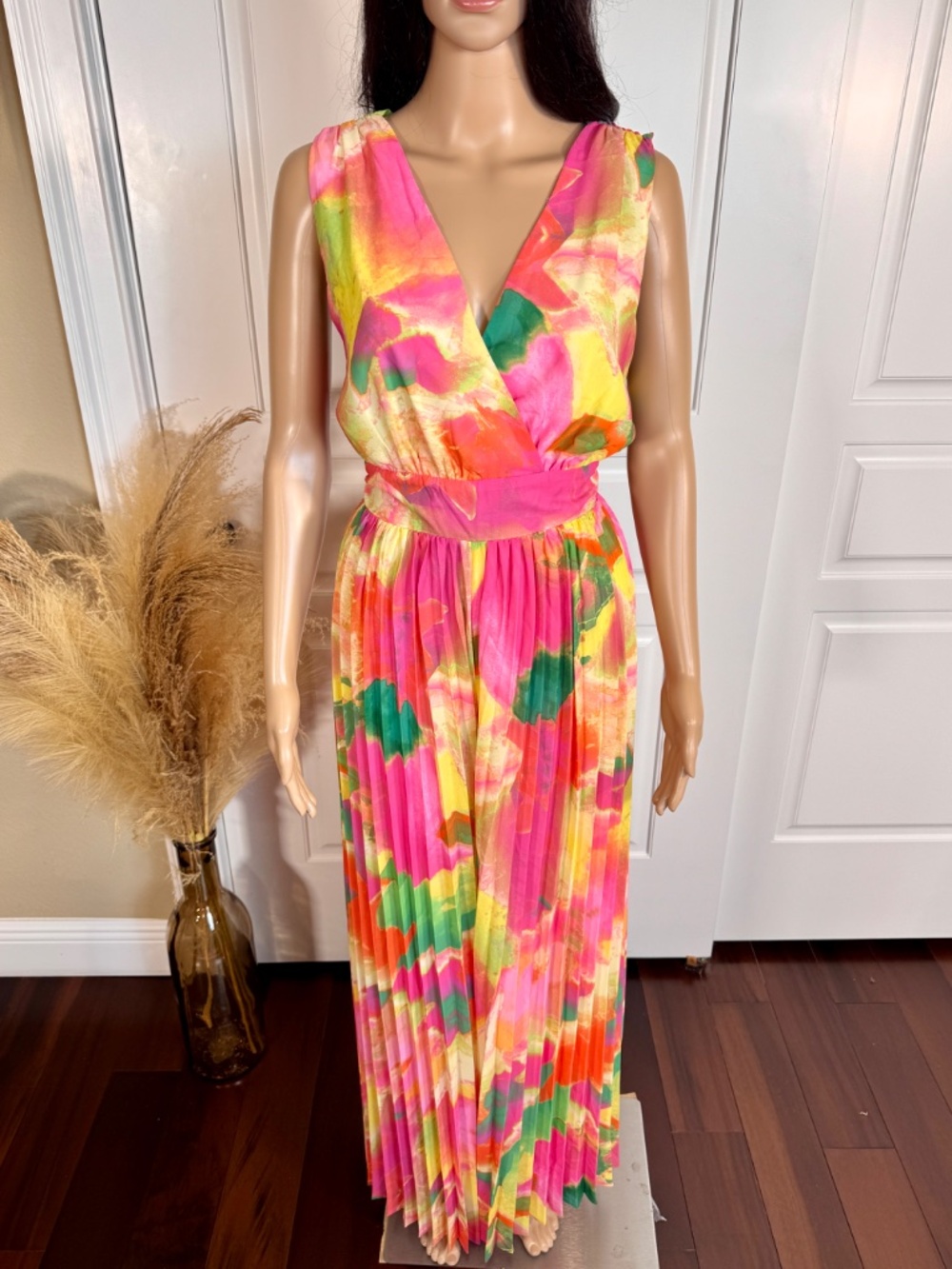 TROPICAL PRINT SLEEVELESS WIDE LEG WOVEN PLEATED JUMPSUIT SIZE MEDIUM - Picture 7 of 17